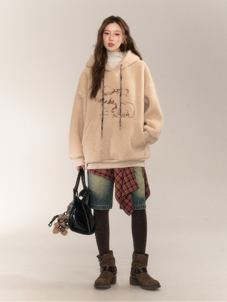 Color Block Bow Embroidery Lamb Wool Hoodie