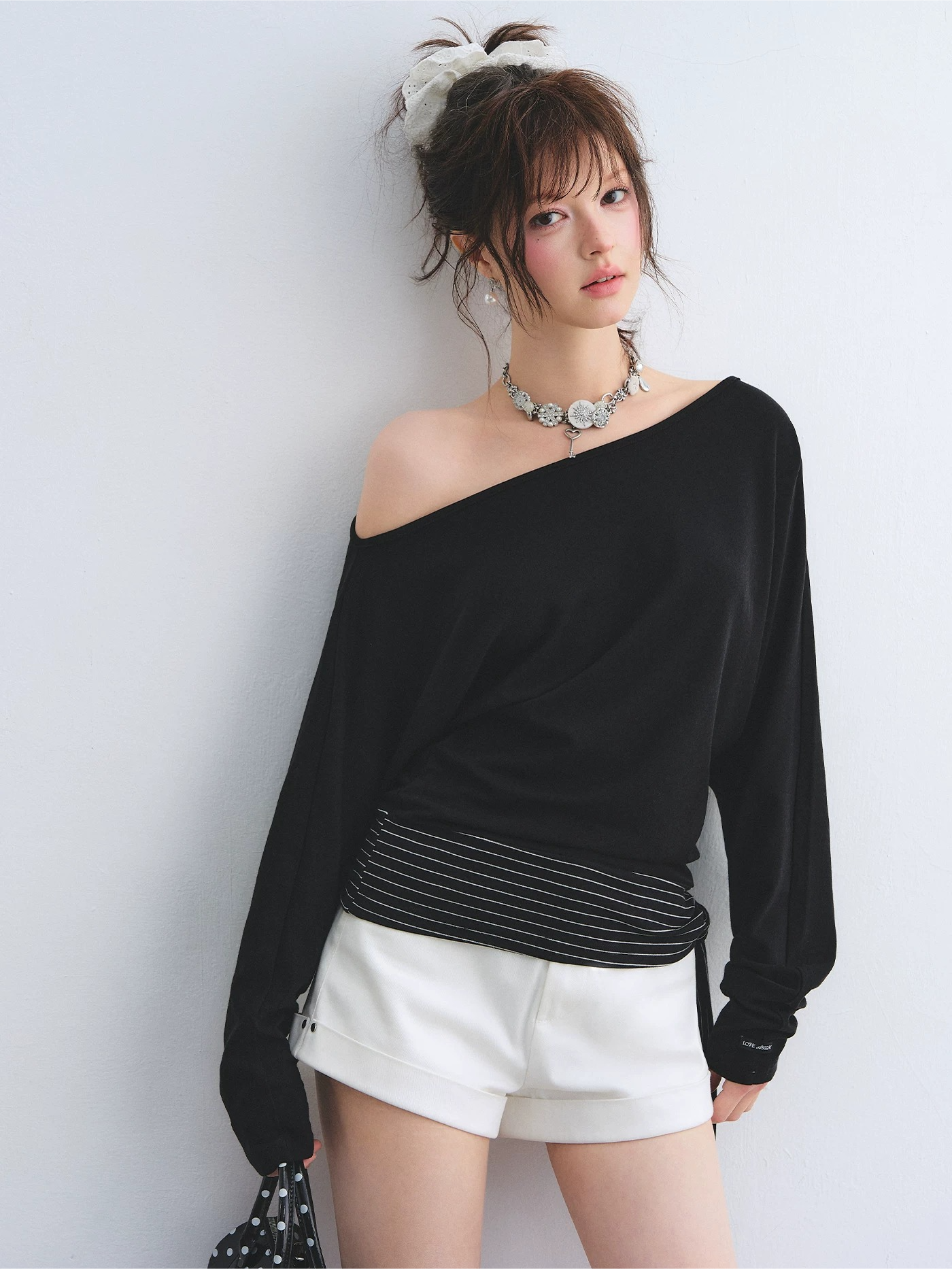 Asymmetric Batwing Sleeve Striped Tie-Hem Long Sleeve Top