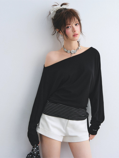 Asymmetric Batwing Sleeve Striped Tie-Hem Long Sleeve Top