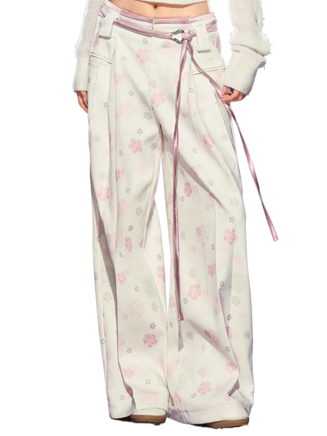 Floral Satin Wide-Leg Tailored Trousers
