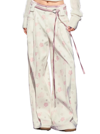Floral Satin Wide-Leg Tailored Trousers