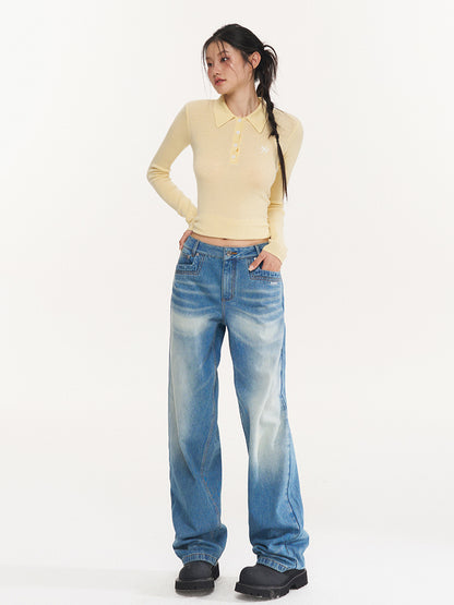 Water-Washed Low-Waist Loose Straight-Leg Pants