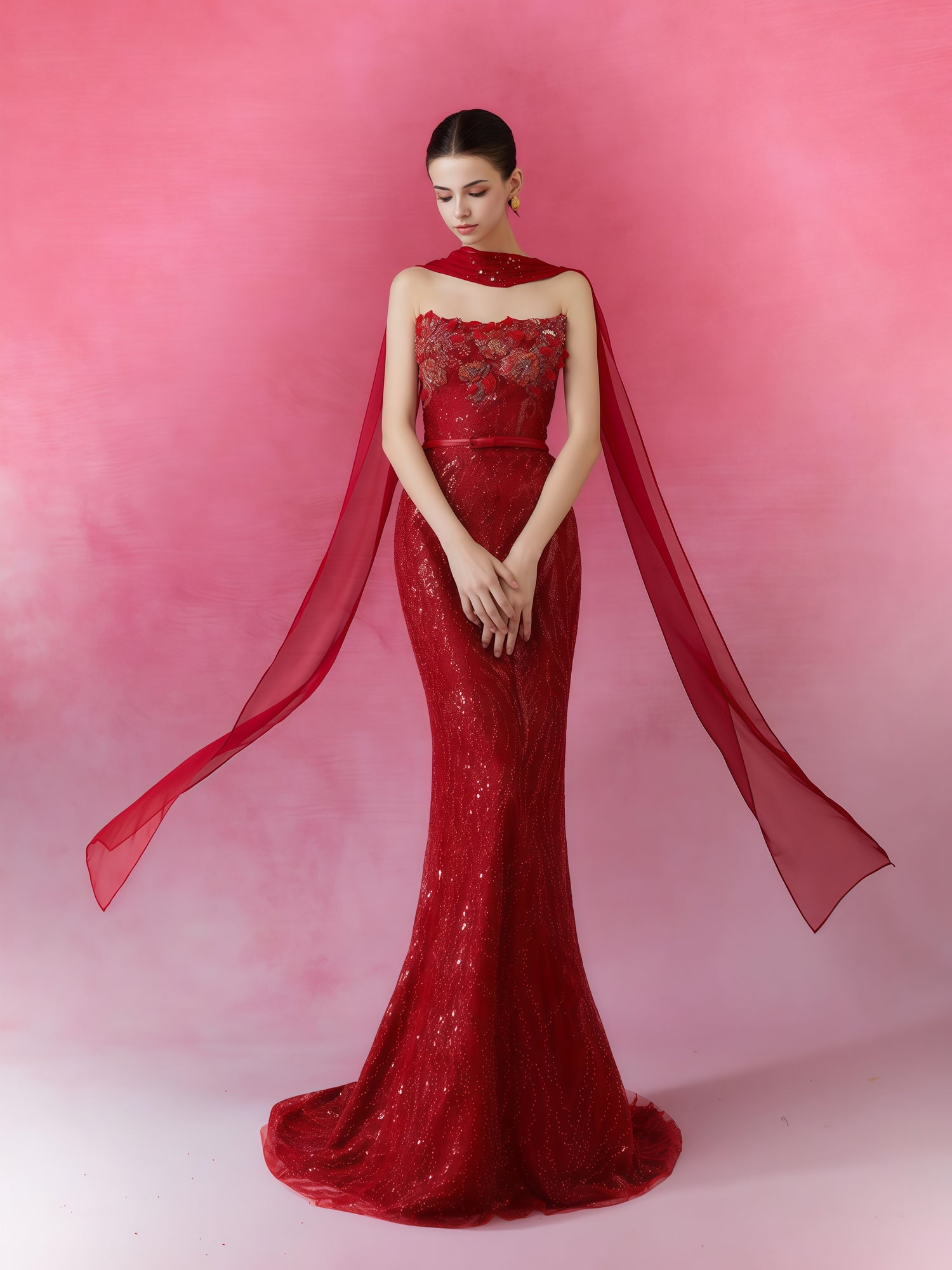 Crimson Embroidered Off-Shoulder Mermaid Gown with Sheer Flared Sleeves