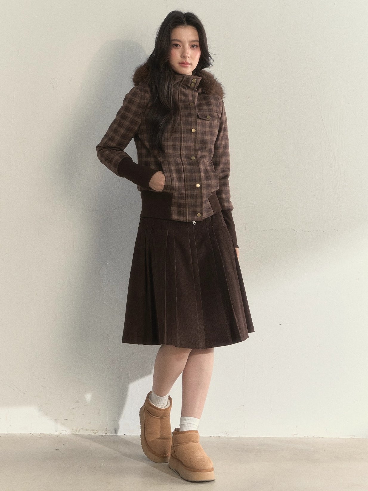 Fleece-Lined Faux Fur Collar Hooded Jacket