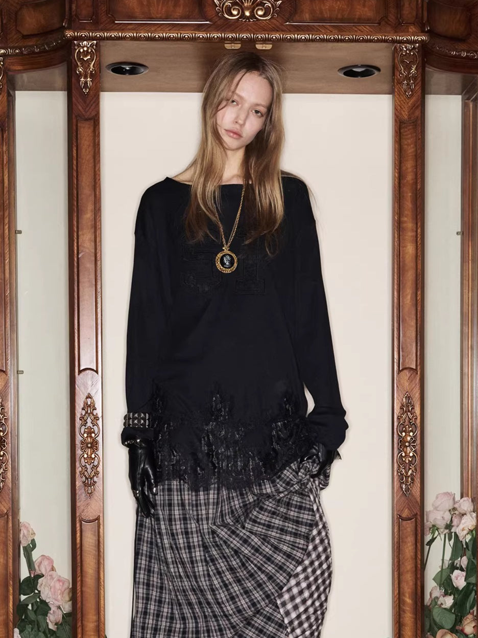 Lace-Hem Drawstring Long-Sleeve T-Shirt