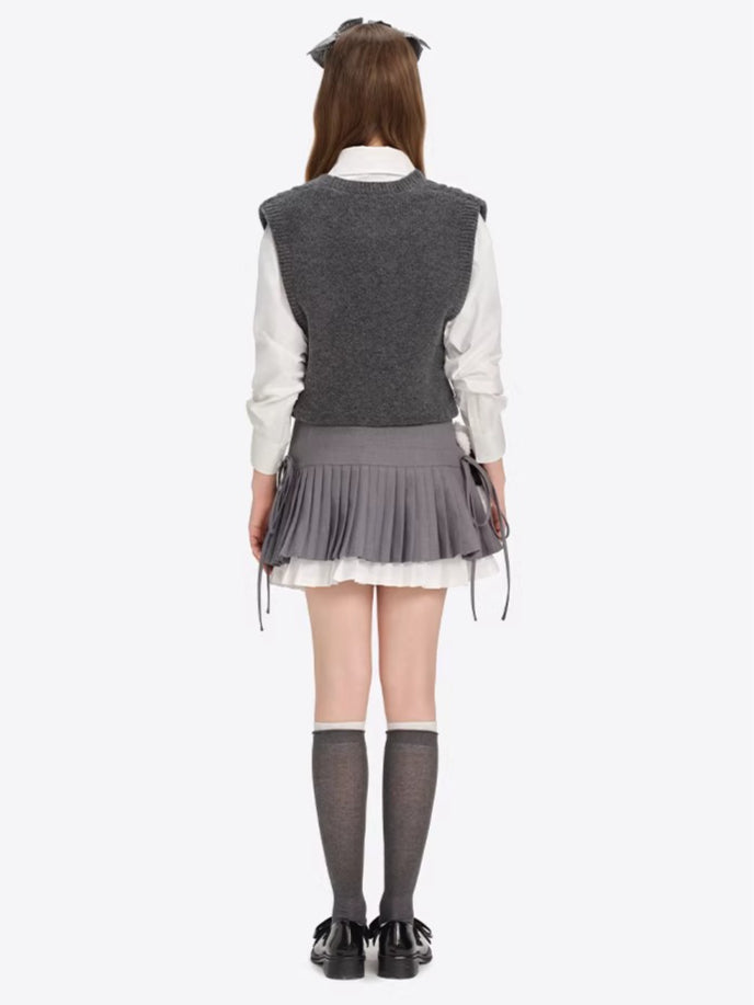 Rhinestone-Embellished Double-Layer Pleated Mini Skirt