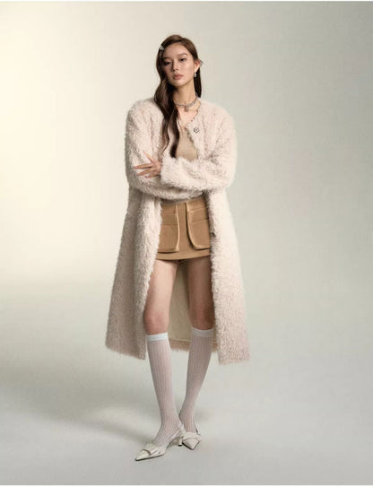 Khaki &amp; Milk White Long Suede Fur Coat - CHINASQUAD