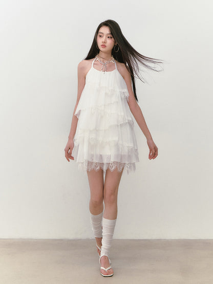 Lace-spliced Cake-style Halter Dress