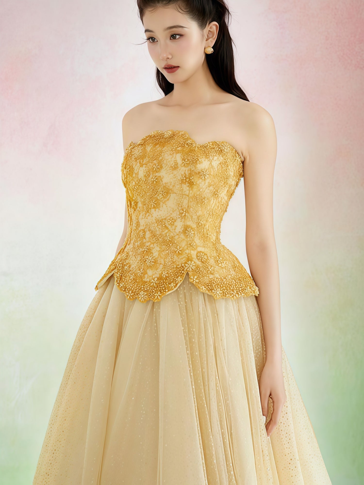 Golden Embroidered Strapless Tulle Midi Dress