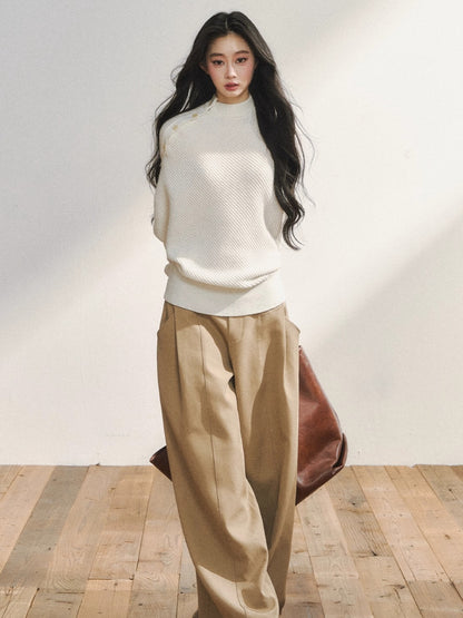 Asymmetric Buttoned White Knit Sweater