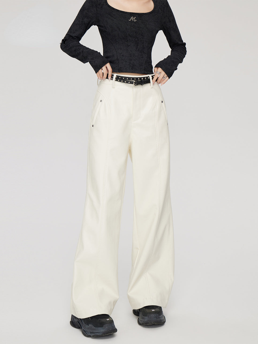 (Final Sale) High-waist Wide-leg Leather Pants - CHINASQUAD