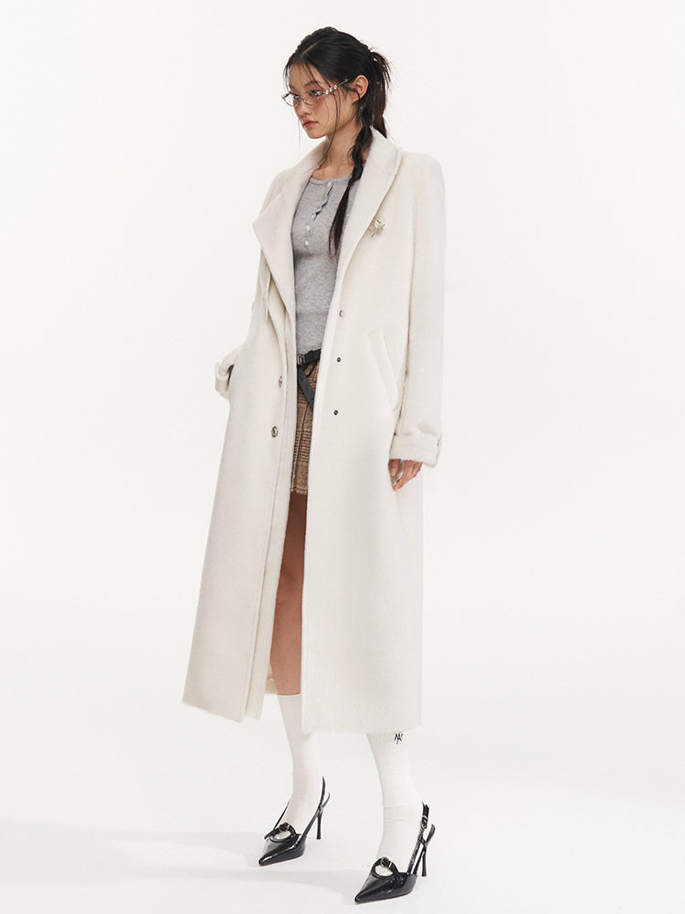 Cream Double-Breasted Leather Strap Wool Coat