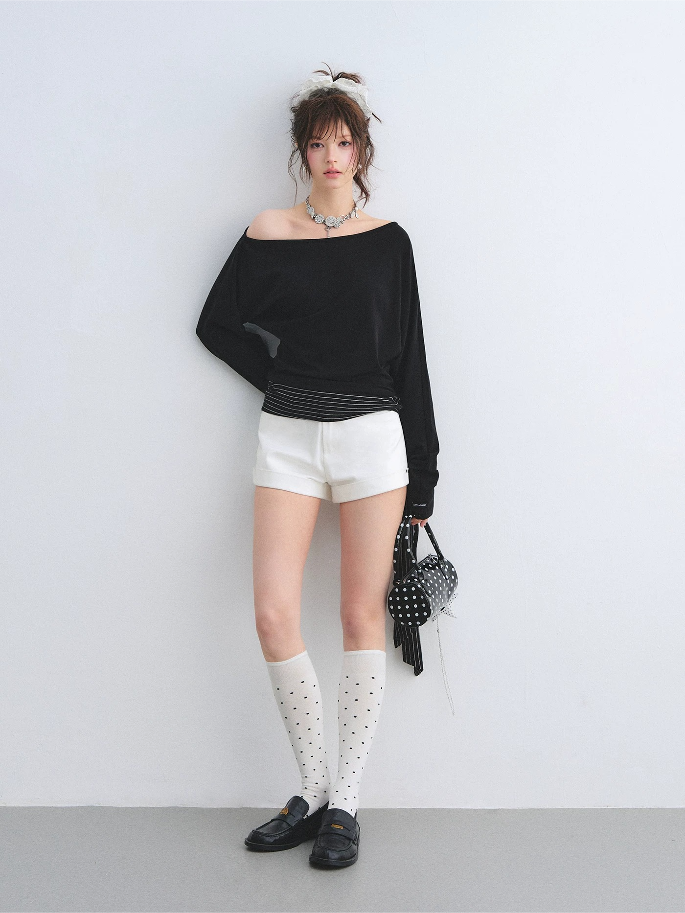 Asymmetric Batwing Sleeve Striped Tie-Hem Long Sleeve Top