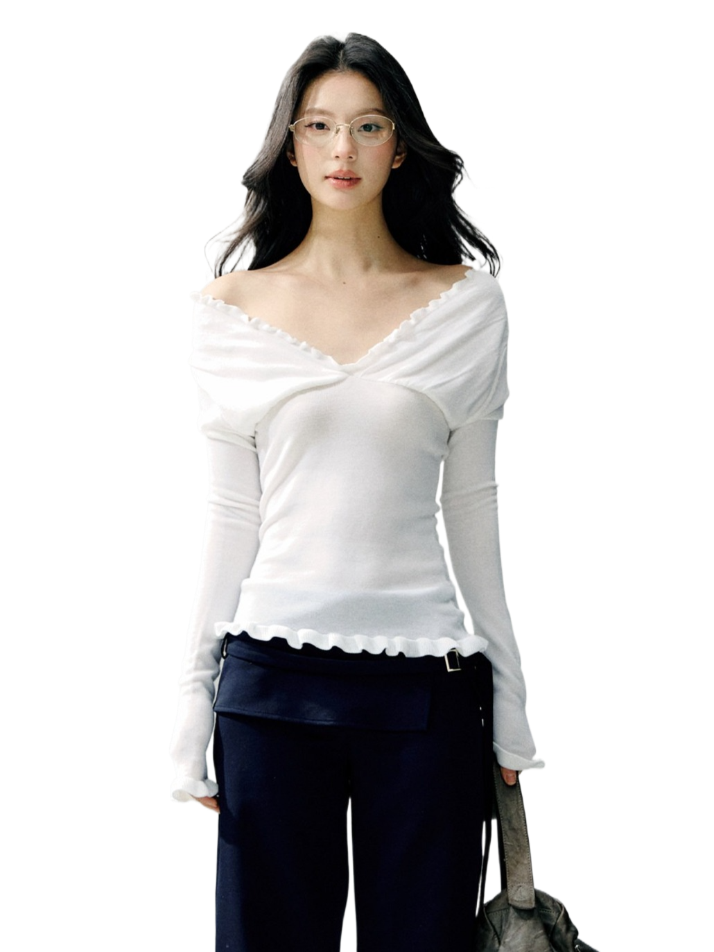 Off-Shoulder Ruffle Trim Fitted Knit Base Layer