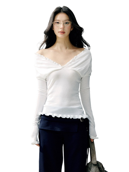 Off-Shoulder Ruffle Trim Fitted Knit Base Layer