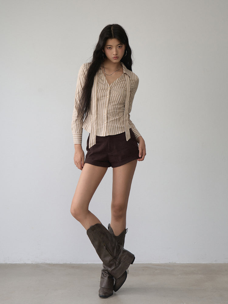 Contrast-colored Collared Waist-cinched Shirt - CHINASQUAD