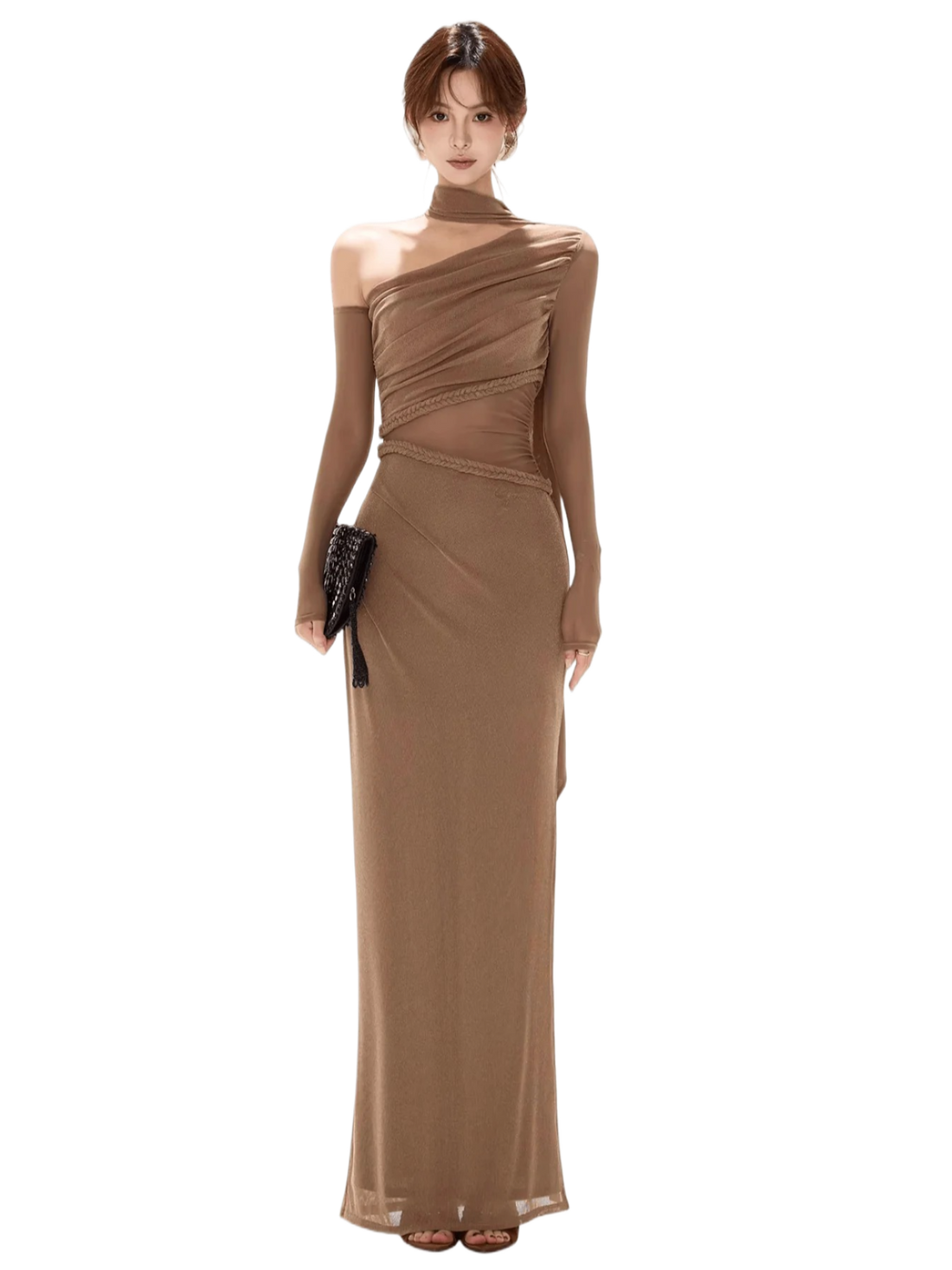 One-Shoulder Mesh Cut-Out Maxi Dress