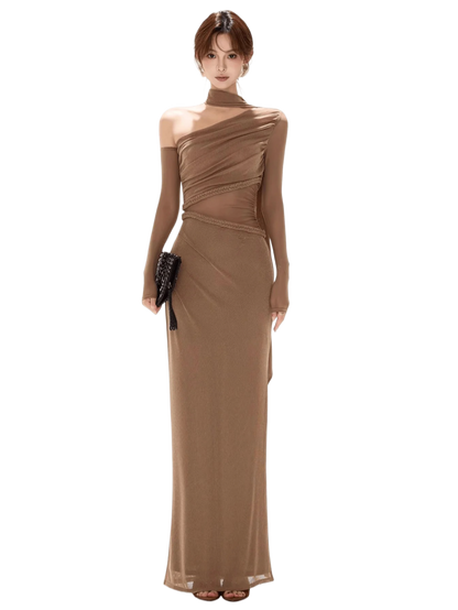 One-Shoulder Mesh Cut-Out Maxi Dress