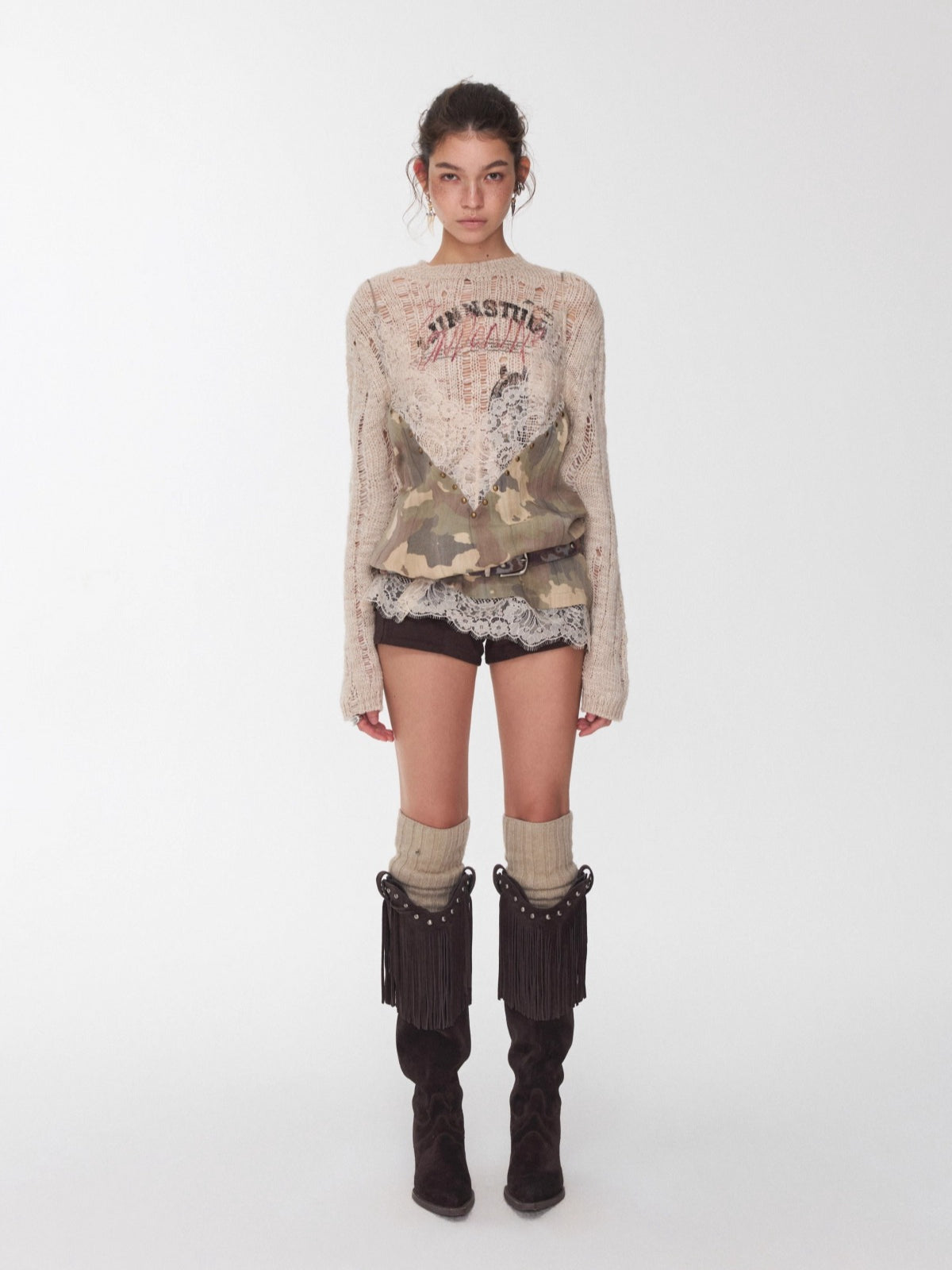 Camouflage V-Neck Lace-Trim Rhinestone Camisole