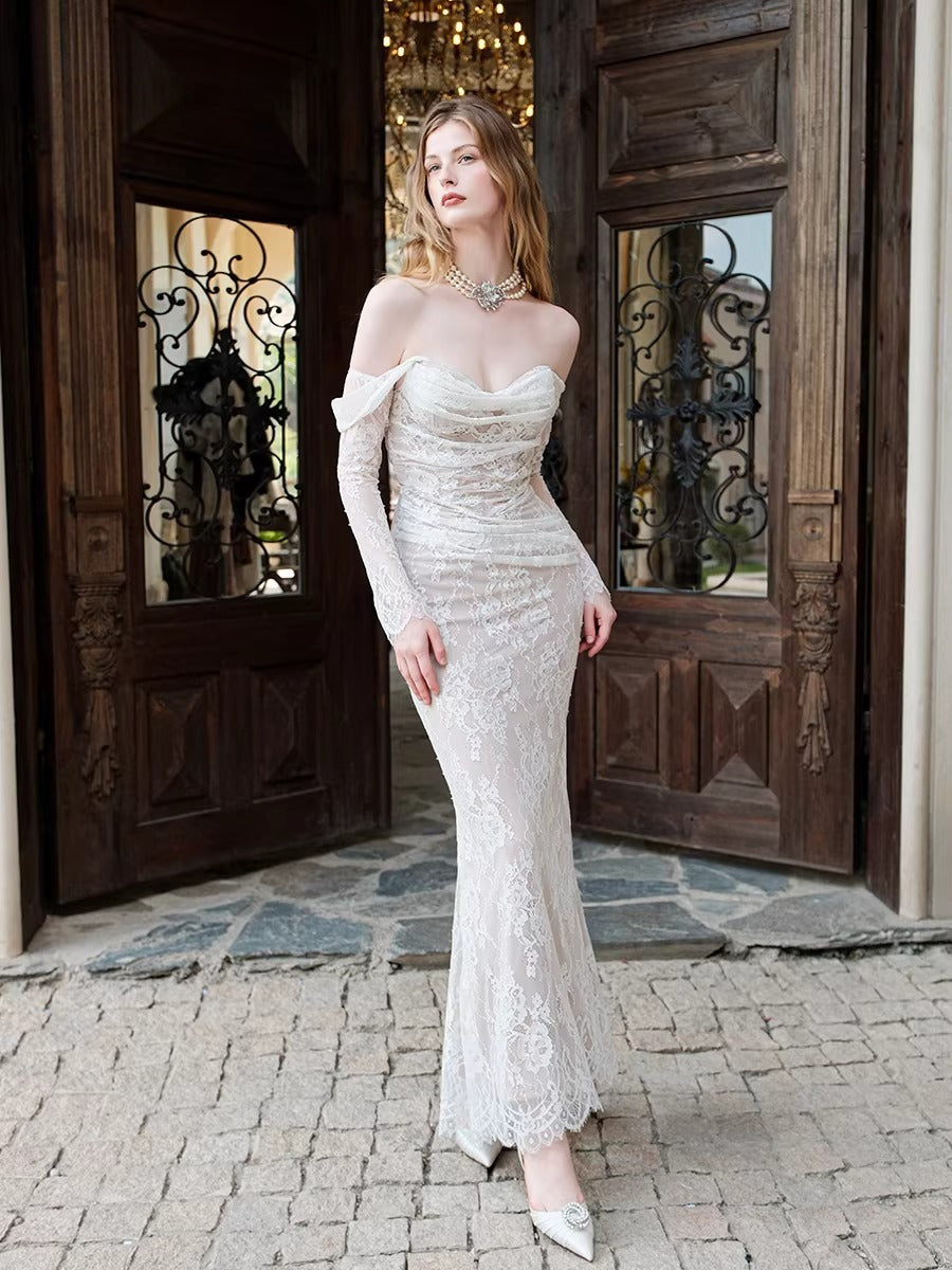 Off-Shoulder Lace-Panel Mermaid Maxi Dress