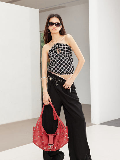 Pearl-Studded Pleated Ruffle Rivet Bag