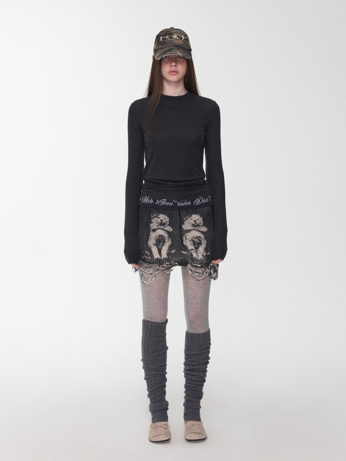 Cat Print Distressed Knit Mini Skirt