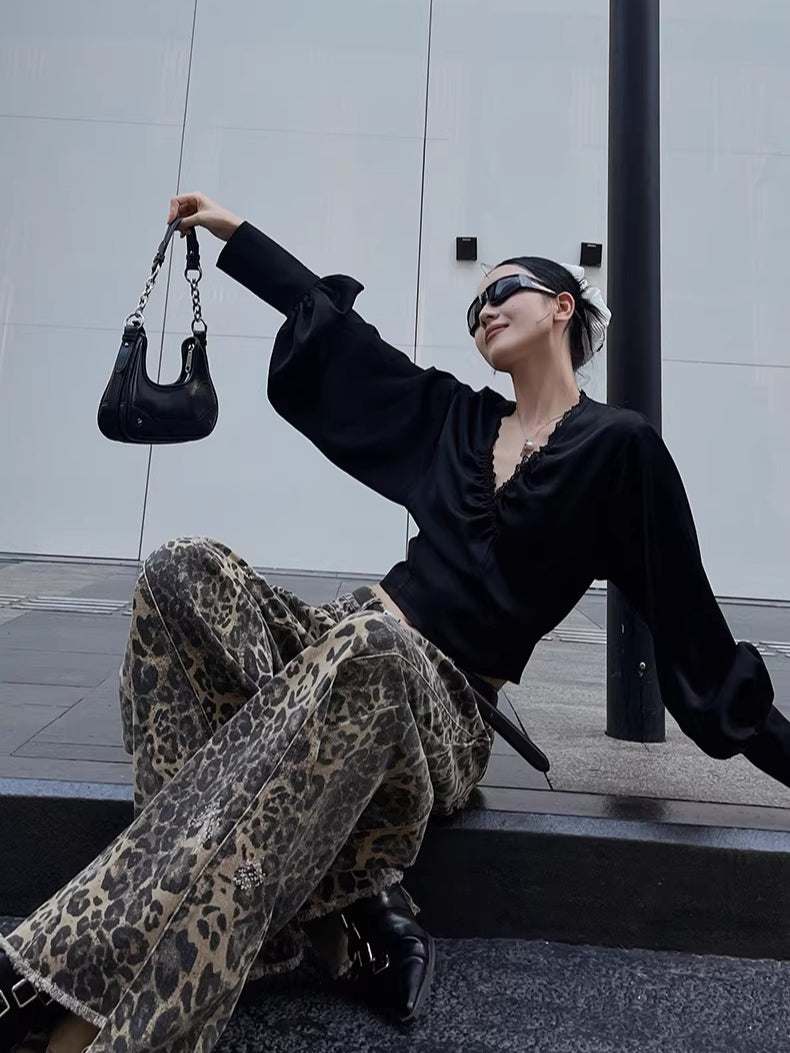 Convertible Ruched V-Neck Acetate Blouse