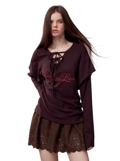 Embroidered Tie-Detail Long-Sleeve T-Shirt