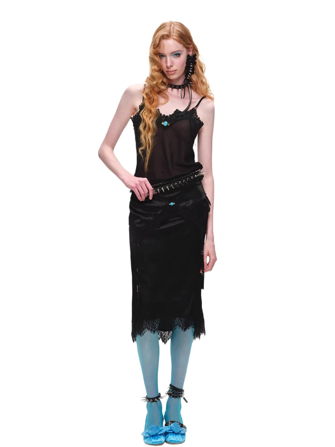 Asymmetric Satin Midi Skirt with Lace Trim