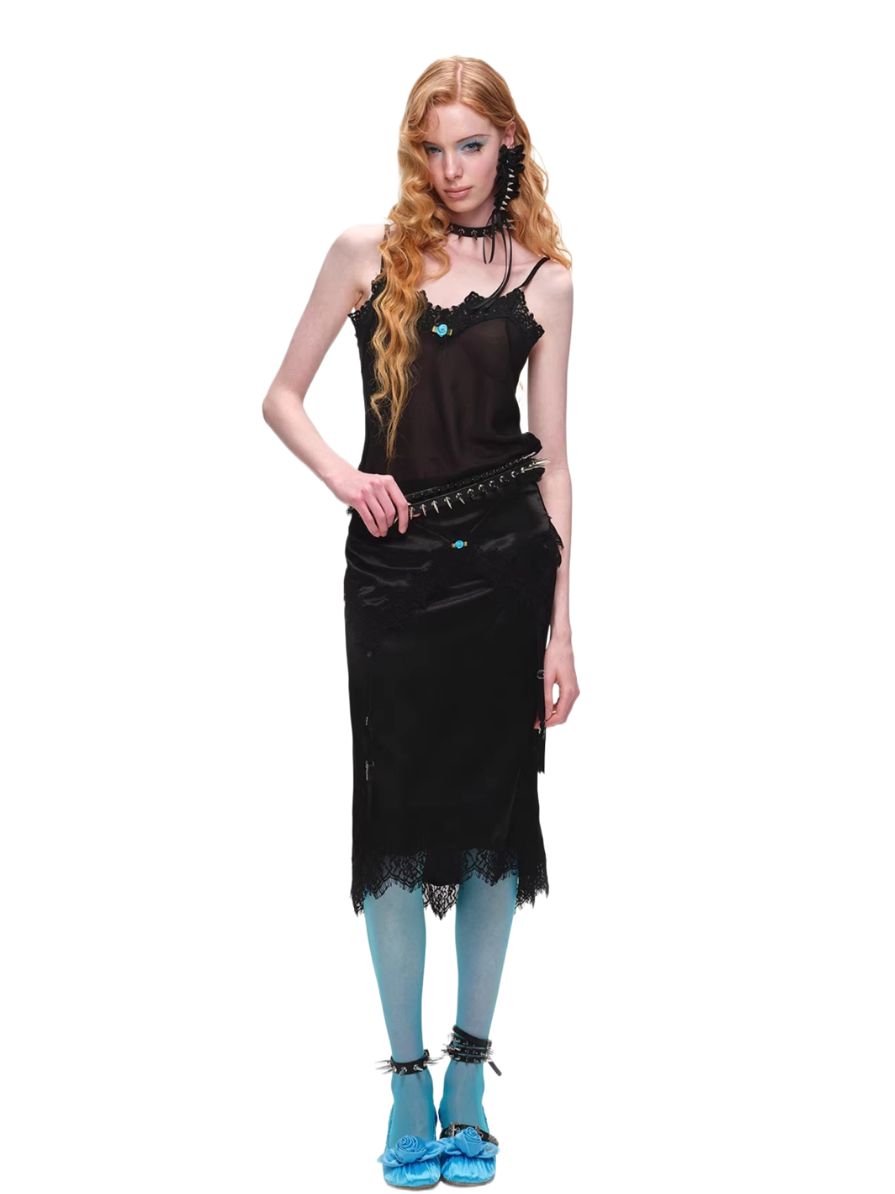 Asymmetric Satin Midi Skirt with Lace Trim