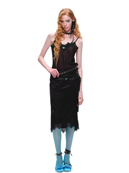 Asymmetric Satin Midi Skirt with Lace Trim