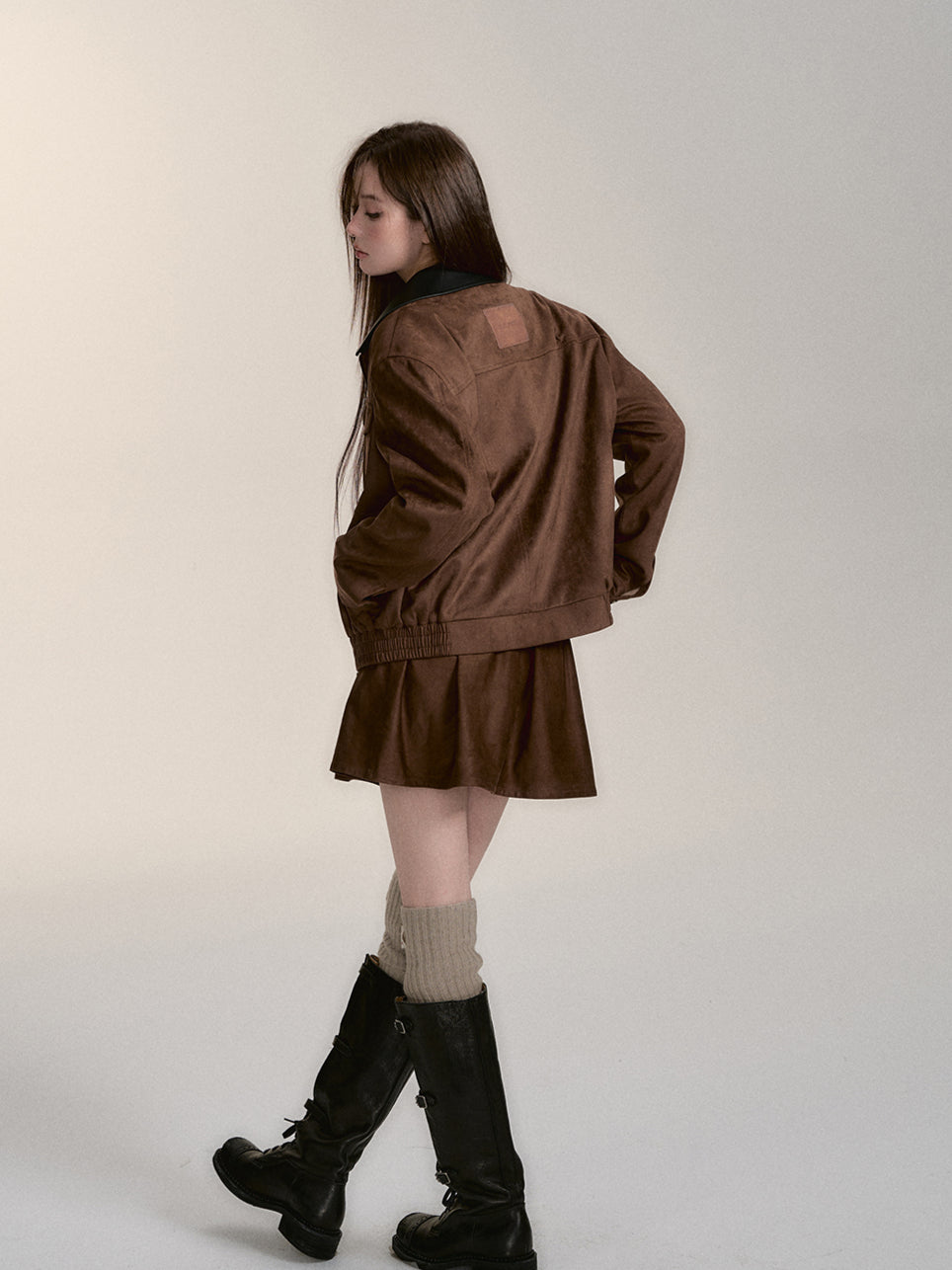 Faux Leather Thickened Cotton Coat &amp; Skirt Set