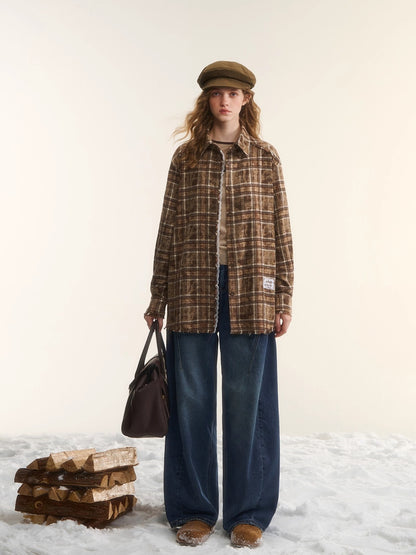 Oversized Lace-Trim Patchwork Plaid Shirt