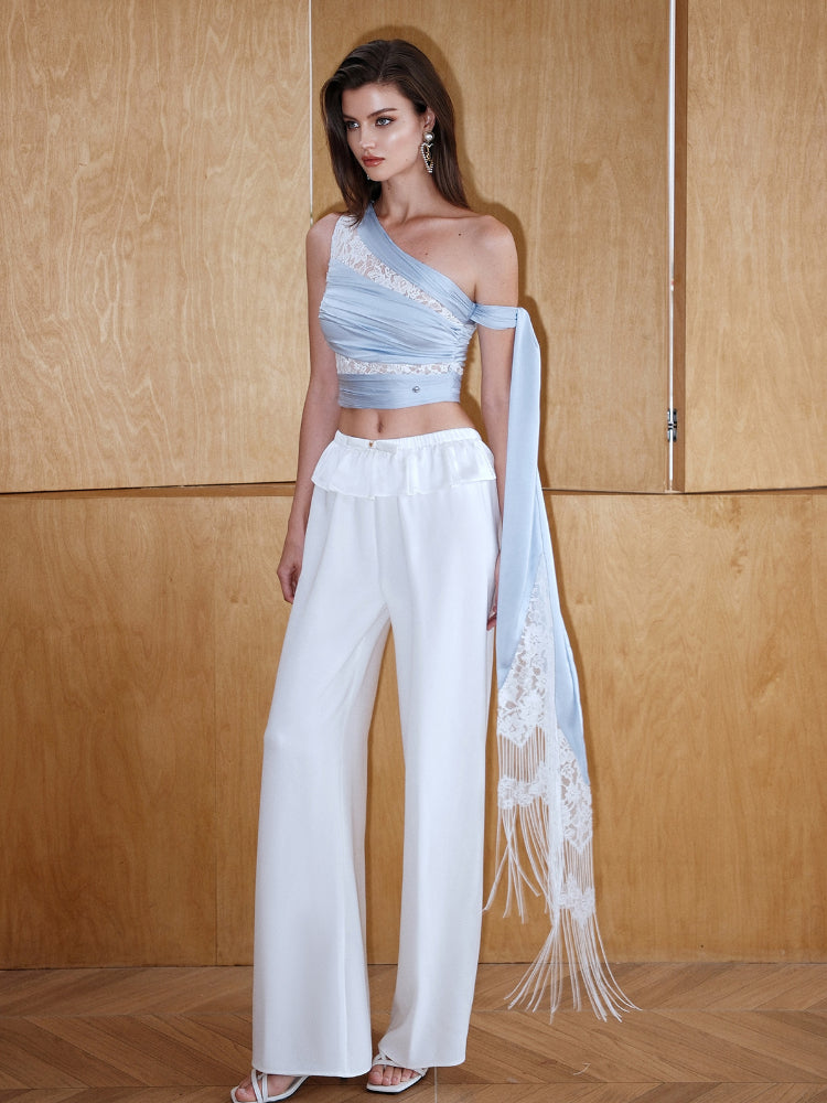 Lace-Paneled Off-Shoulder Spaghetti Strap Crop Top