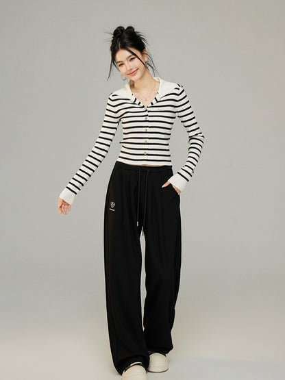 Black &amp; Off-white Knit Wide-Leg Pants