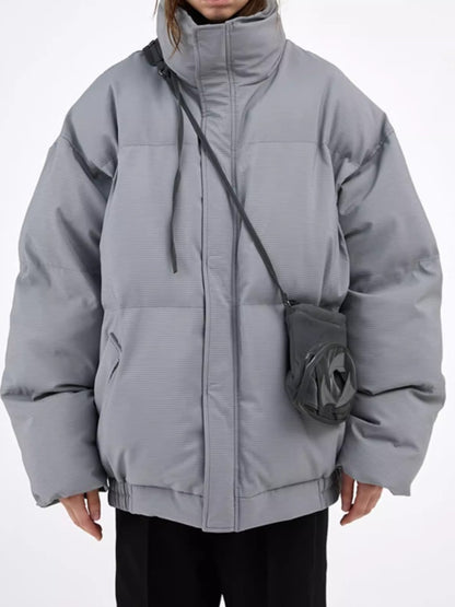 Textured Stripe-Panel Oversized Winter Puffer Jacket