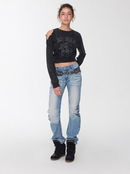 Knight Cat Print Distressed Washed Sweatshirt