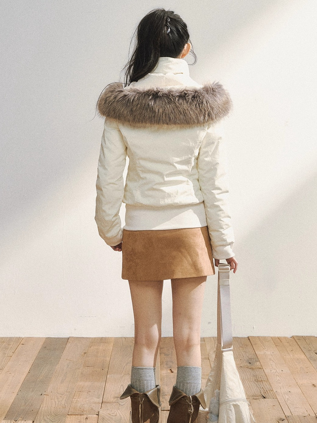 Two-Tone Faux Fur Collar Hooded Duffle Puffer Jacket