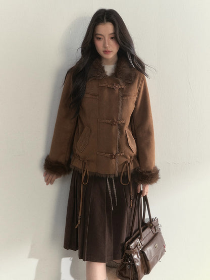 Oak Brown Suede Embroidered Shearling Jacket