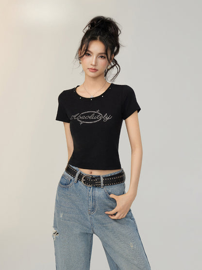 Rivet-Rhinestone Regular Shoulder T-shirt