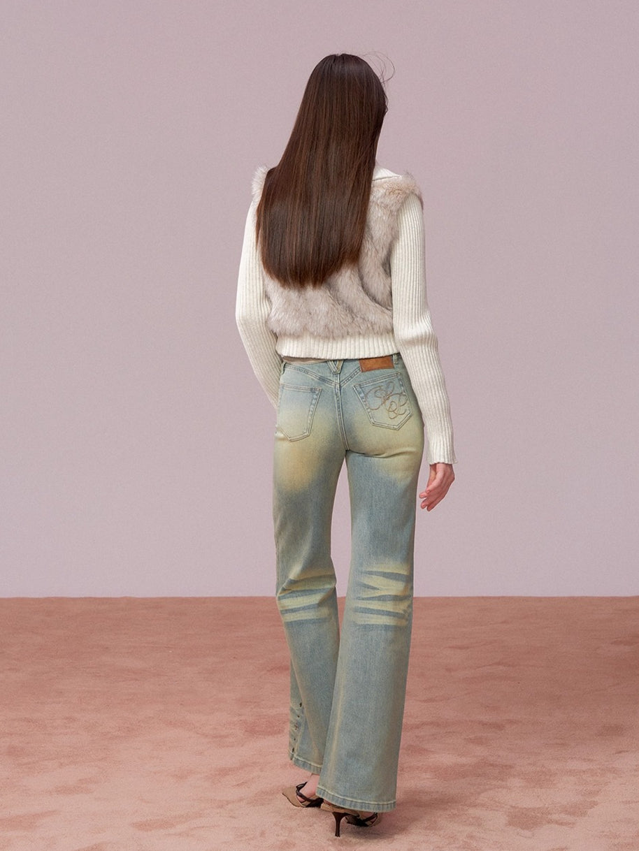 Straight-Leg Washed Denim Pants