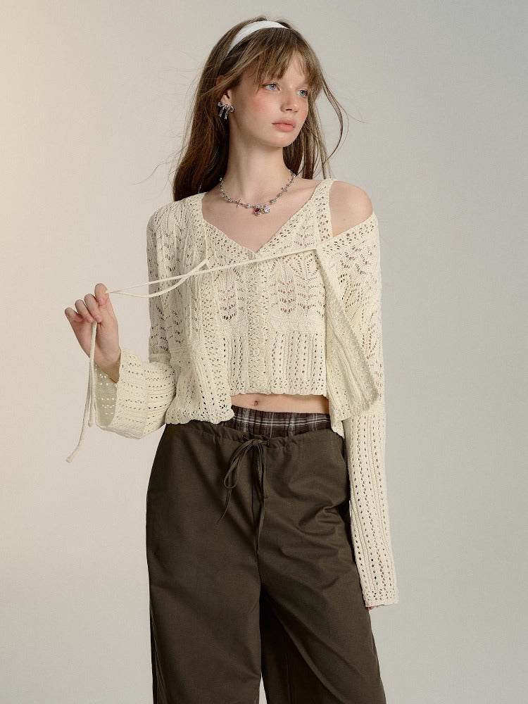 White Chunky Knit Openwork Cardigan Set