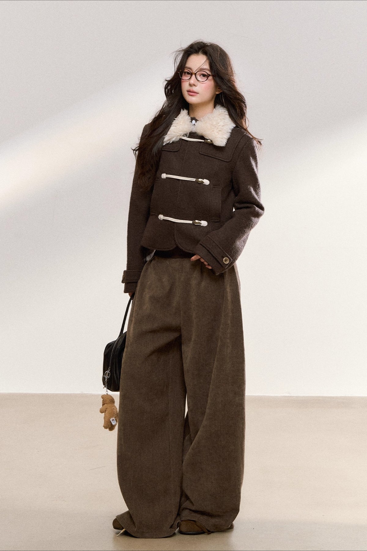 Brown Wool-Blend Toggle Cropped Jacket