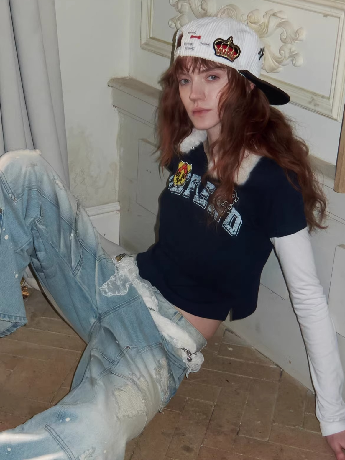 Layered Polo Long Sleeve Top with Faux Fur Collar