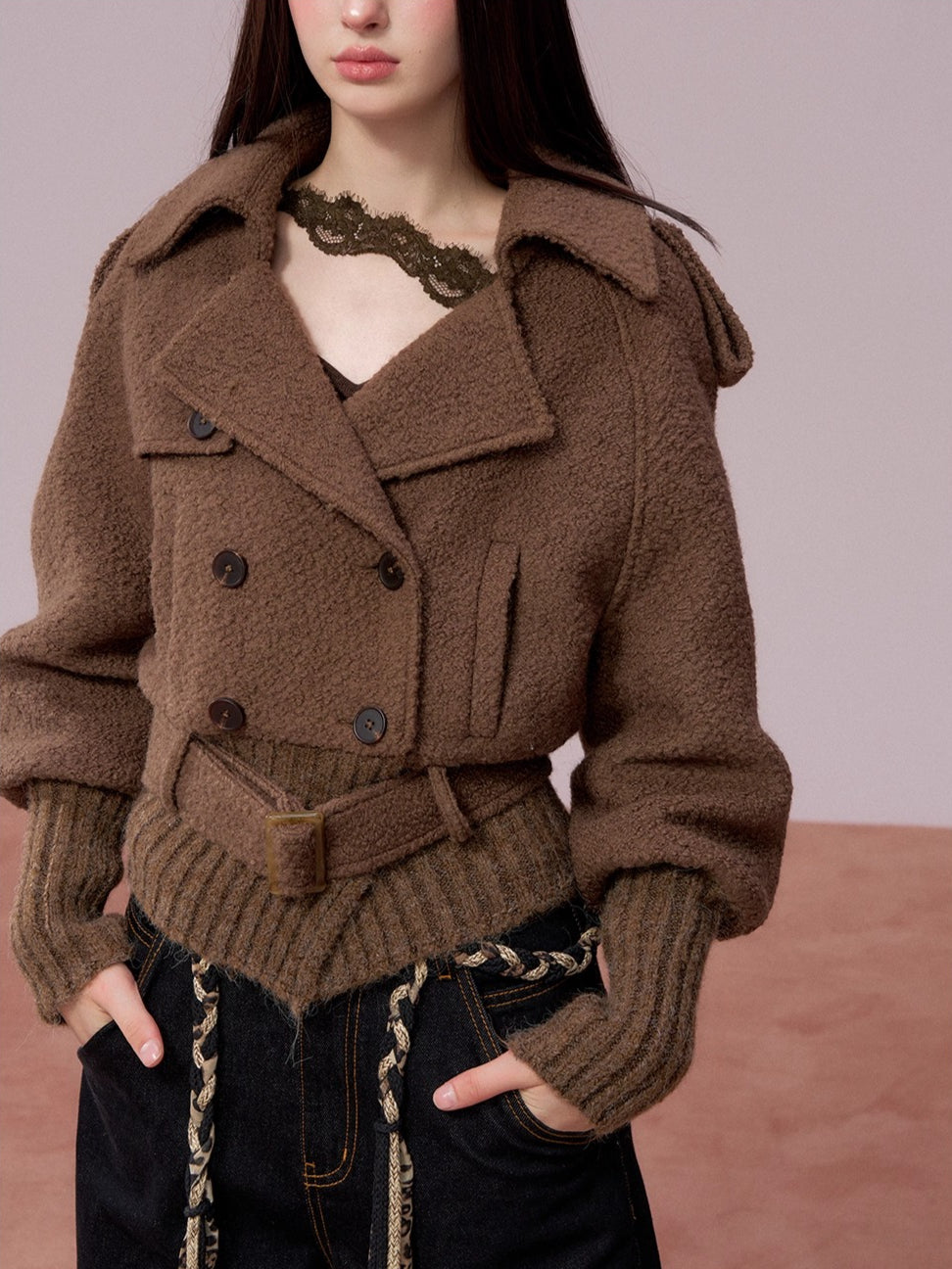 Wool-Blend Knit-Panel Jacket