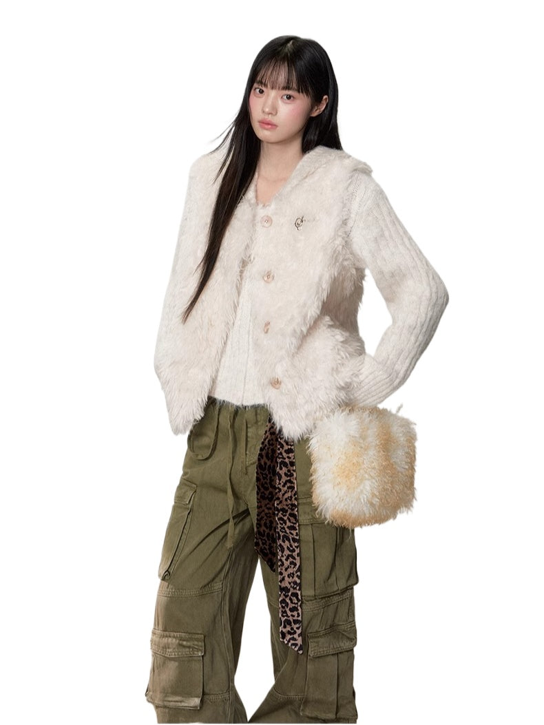 Curly Faux Shearling Brooch Vest