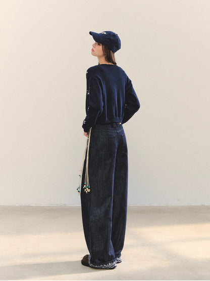 Embroidered Belt High-Waist Straight Pants
