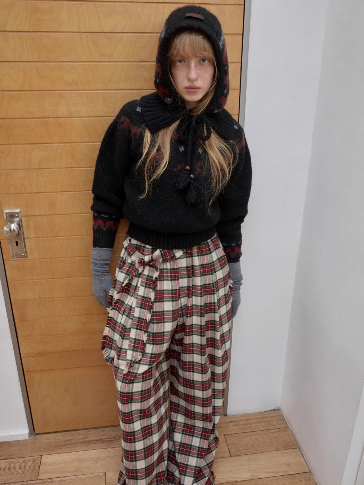 Vintage Red Plaid Brushed Cotton Wide-Leg Pants