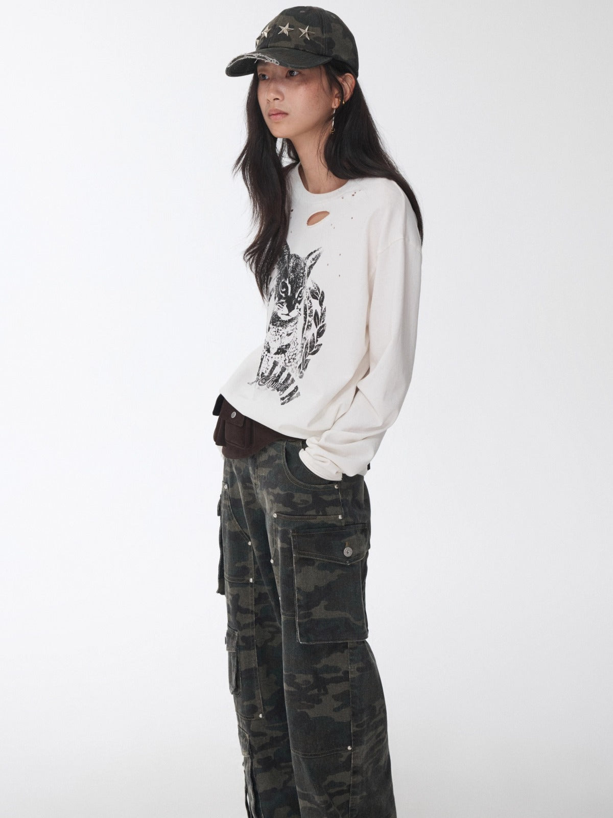 Vintage Cat &amp; Dog Print Distressed Long-Sleeve Tee