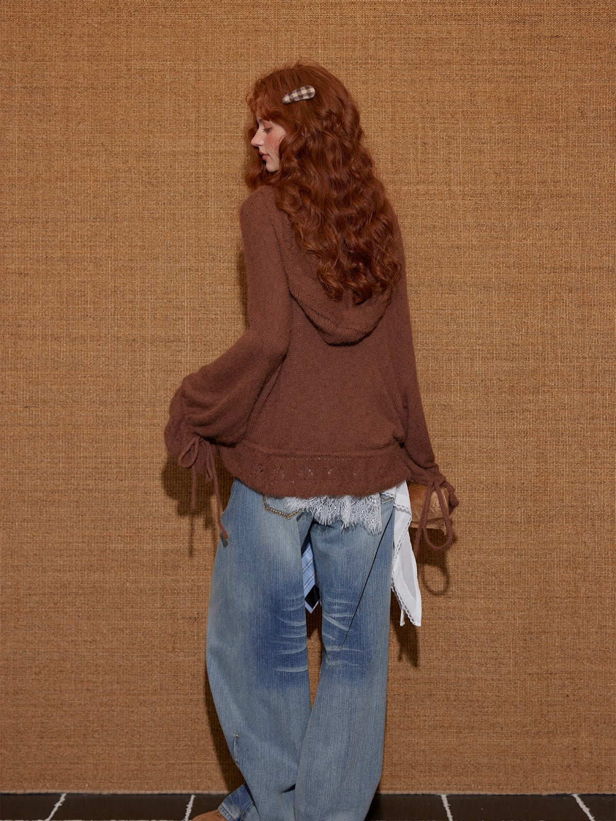 Wool-Blend Drawstring Floral V-Neck Knitted Cardigan - CHINASQUAD
